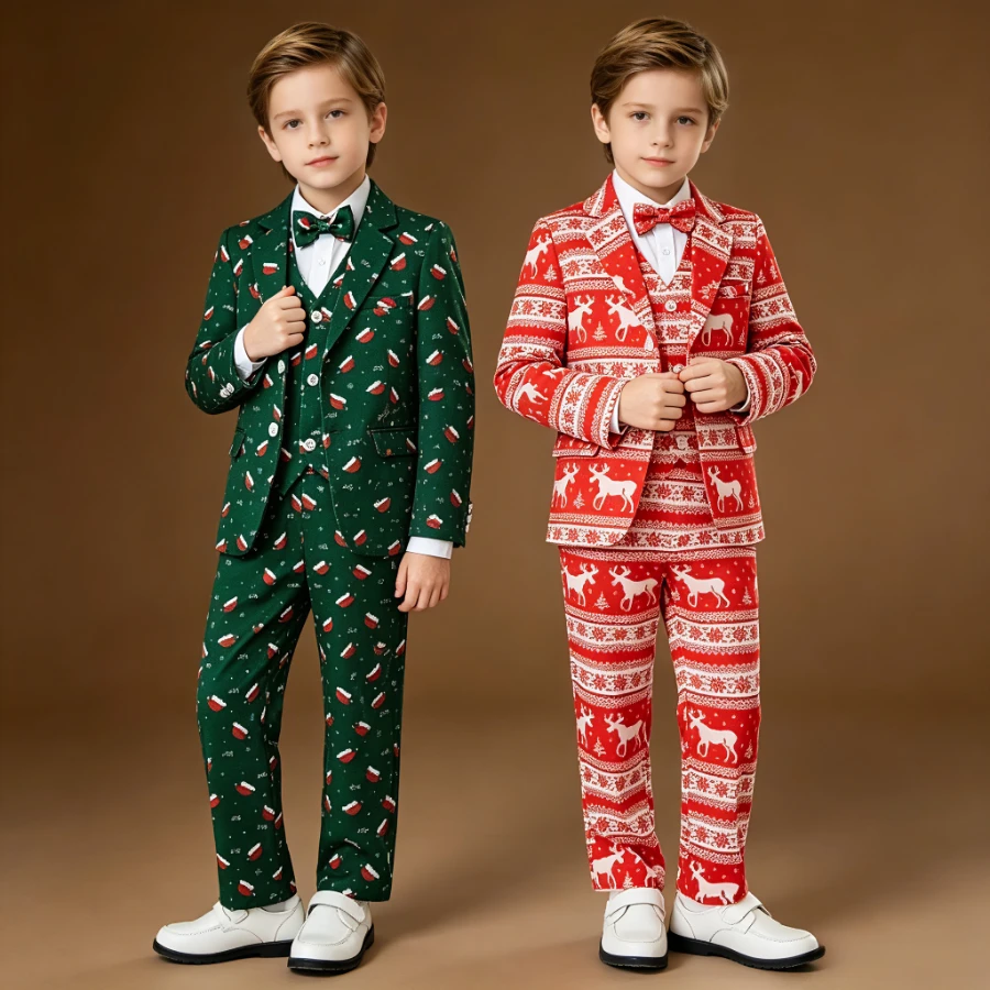 Boys Christmas 3-Piece Suit Set Santa Tree Reindeer Print Jacket Vest Pants with Bow Tie Kids Holiday Party Performance Outfit