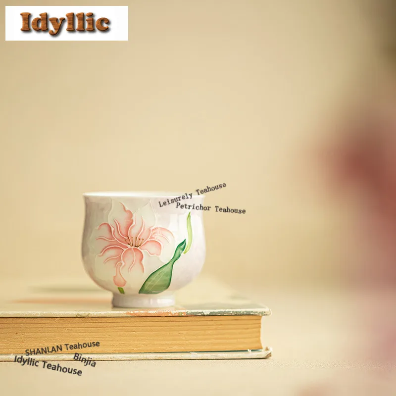 

2 шт./лот, ручная роспись, чайная чашка с лилией, эстетическая чайная чашка, красивая чайная чашка, персональная чашка для дегустации чая, чашки Jianzhan Master Craft, 60 мл