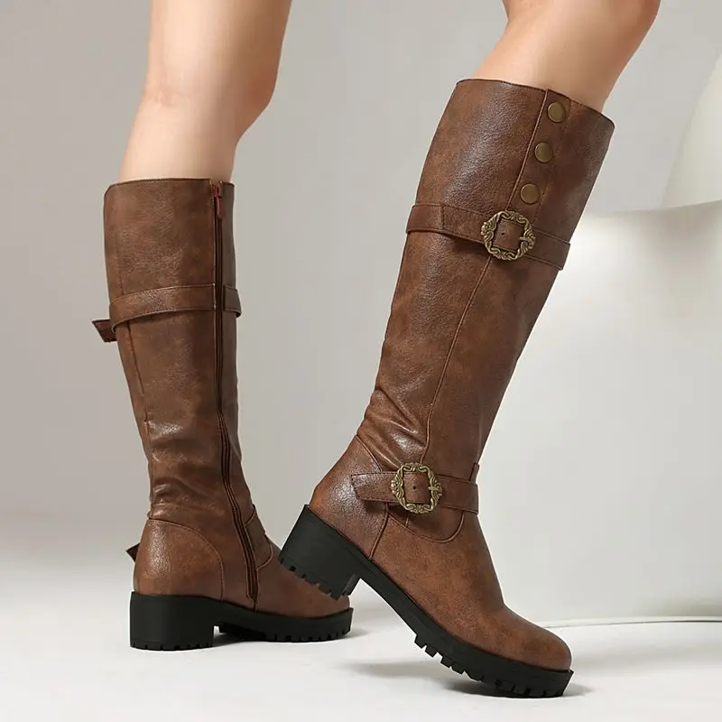 

Girseaby 2025 г., повседневные женские сапоги до колена для отдыха, круглый носок, толстый каблук 4,5 см, молния, металлический декор, большие размеры 42, 43, 44, 45, 46