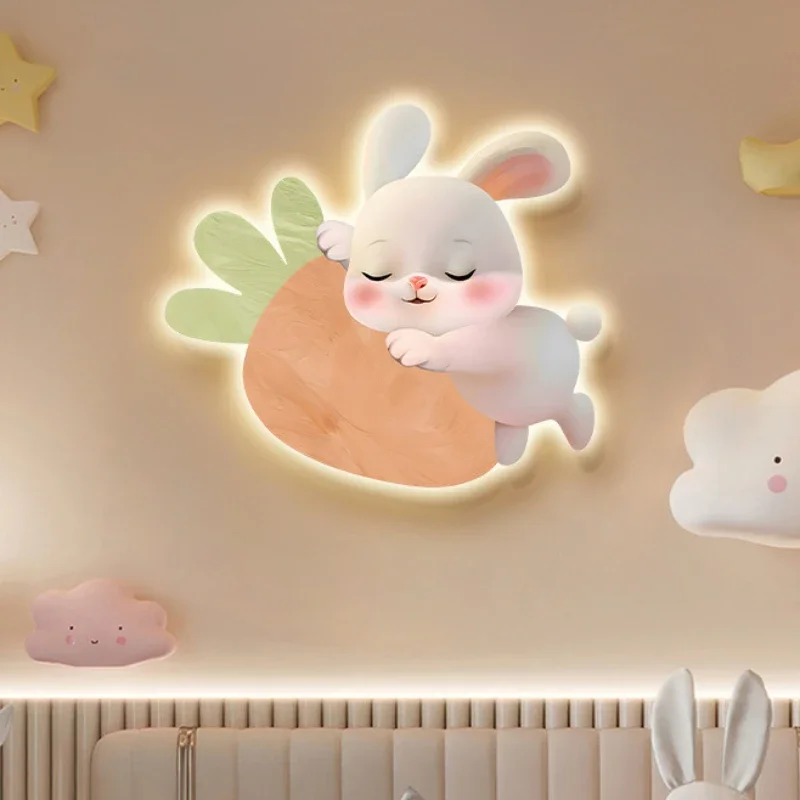 Cartoon Modern Bedroom Decoration Painting Rabbit Main Bedroom Room Headboard Background Wall Hanging Painting Led Light Mural