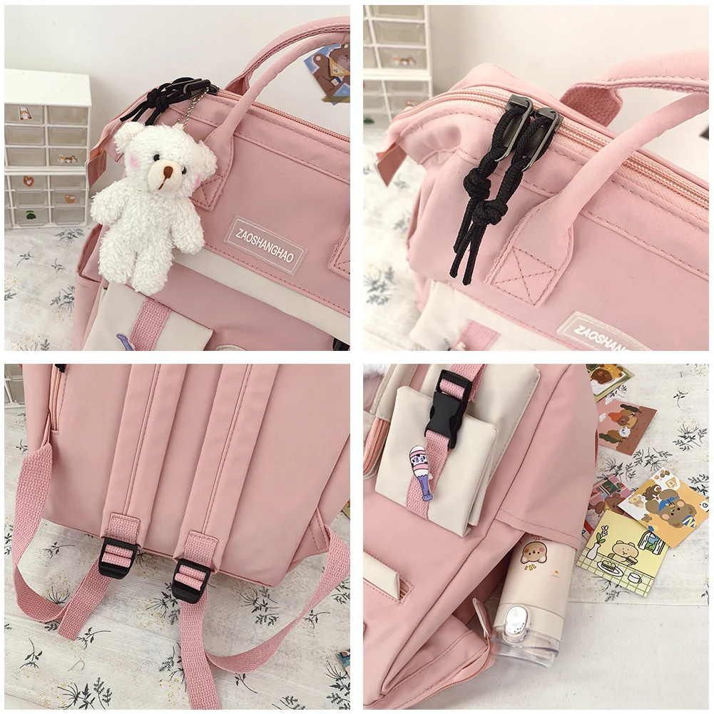 

Fashion Women Rucksack Large Capacity Preppy Style Hit Color Backpack Casual Zipper Contrast Color Backpack Cute with Badge Bear