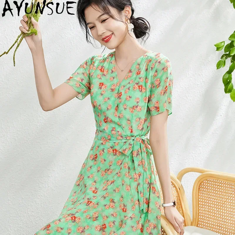 Ayunsue 100% vestido de seda amoreira real vestidos longos de luxo 2024 mulheres verão elegante moda roupas femininas magro vestido verde