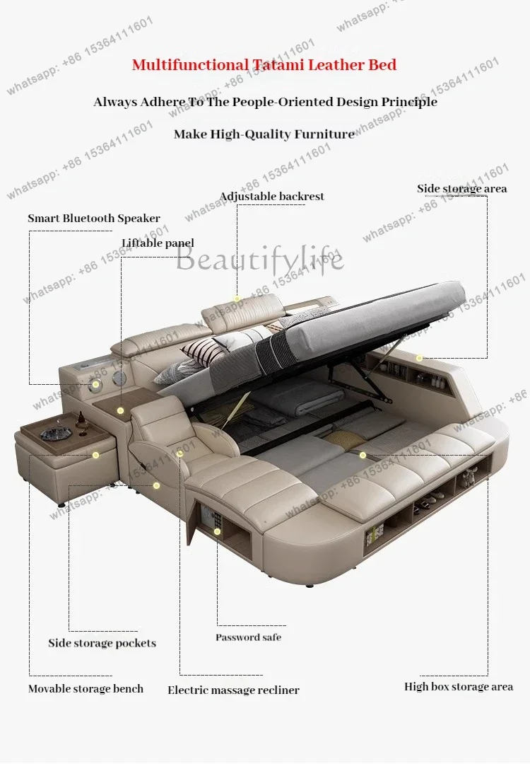 Storage Simple Double Bed Massager Charge Adjustable Modern Bed Frame Electric Lit Multifonctionnel King Size Bed Set Furniture - view 6