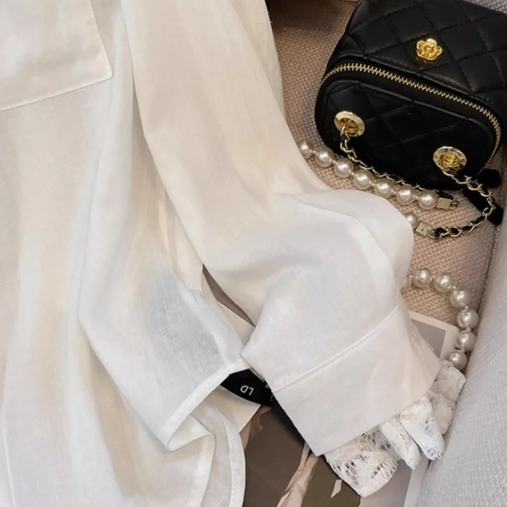 

New Loose Women's Shirt Simple White Fake Two Piece Lace Top Lace Long Sleeve Shirt Women