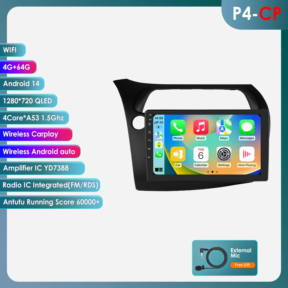 Android13 Autoradio Voor Honda Civic Hatchback 2005-2011 Auto Multimediaspeler Draadloze Carplay 4G-Let 2din Autoradio 360Camera