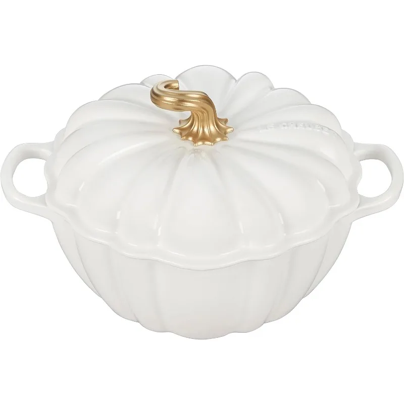 

Enameled Cast Iron Figural Pumpkin Cocotte, 4 qt., White w/Copper Knob