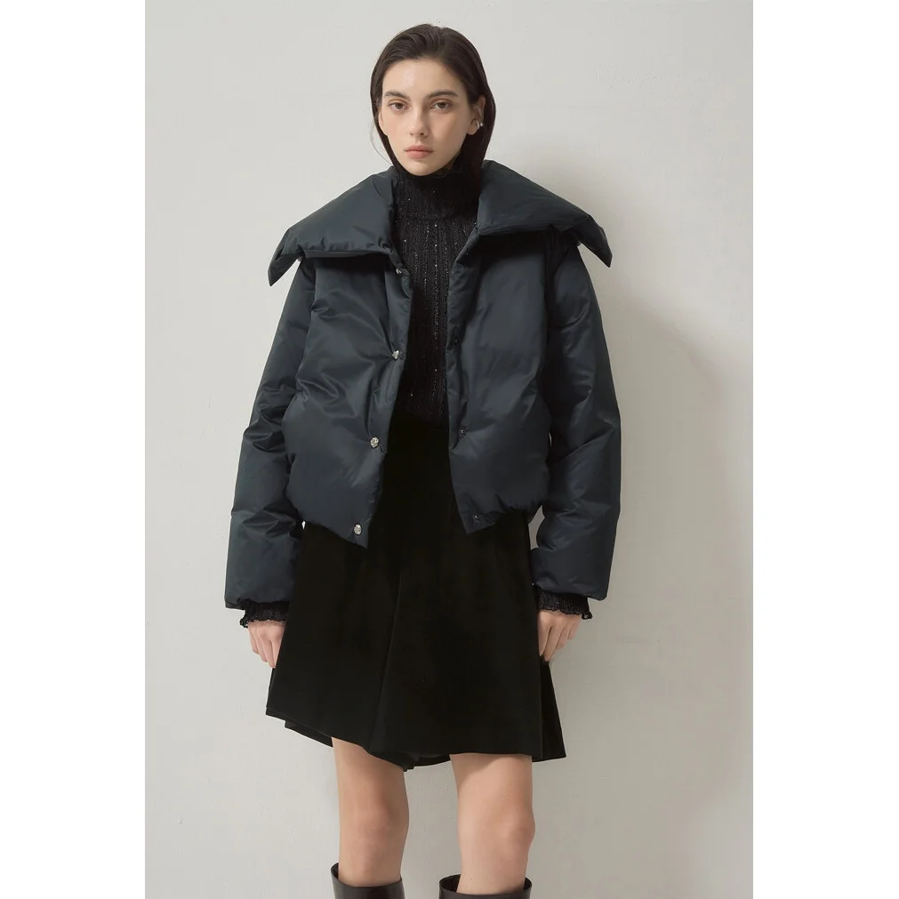 Thiened Goose down Jaet Dstring Commute Sle Korean Version Straight Cut High Collar ket Single Button Long Sve