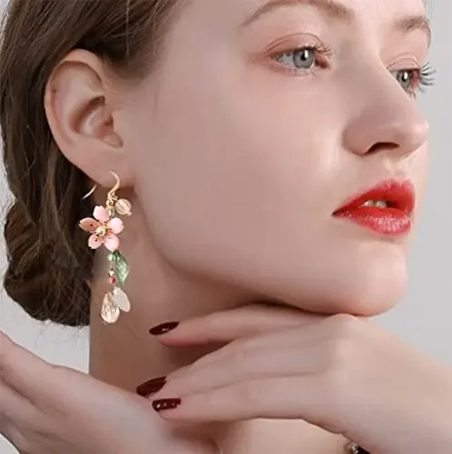 Retro Pink Flower Dangle Earrings for Women Cute Pearl Leaf Sakura Leaf Drop Earrings Summer Holiday Pastoral Jewelry Gifts