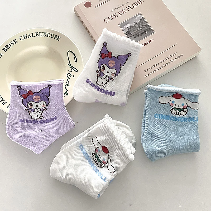 1Pair Anime Socks Cotton Kuromi Mymelody Cinnamoroll Pom Pom Purin Cartoon Tube Socks Casual Versatile Girl Gift For Girlfriend