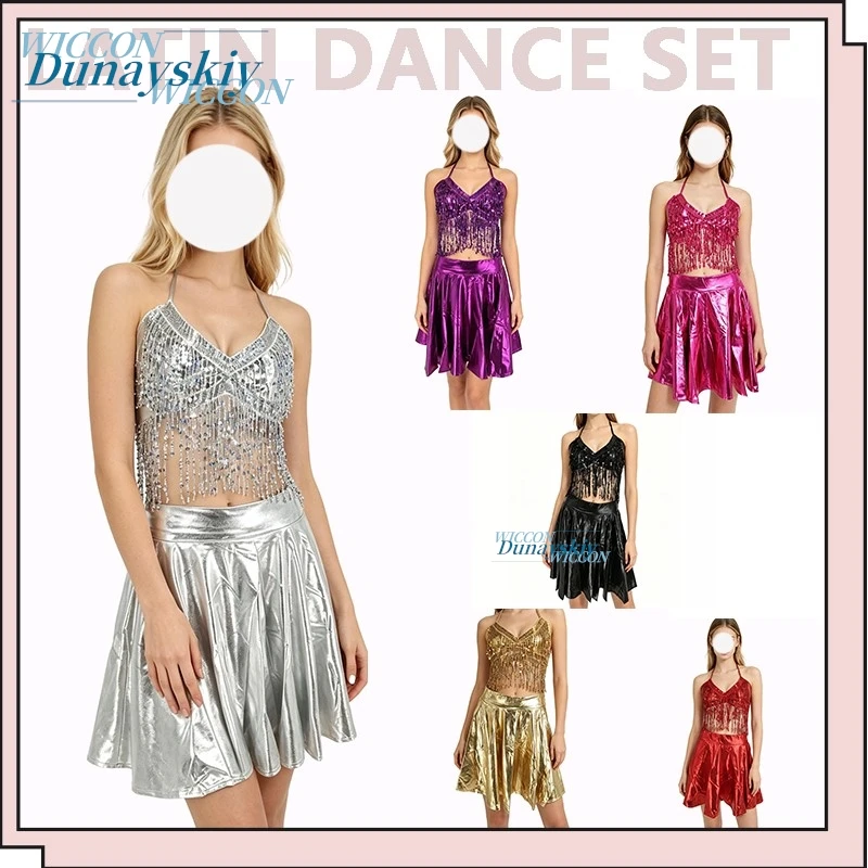 

Women Adult Sequin Tassel Latin Dance Outfit Set PU Top Mini Skirt Stage Performance Costume