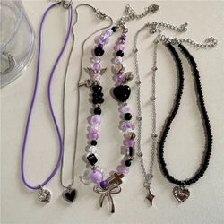 Goth Vintage Harajuku Heart Strawberry Bowknot Pendant Beaded Chain Choker Necklace Girl Y2k Aesthetic 90s EMO Scene Accessories