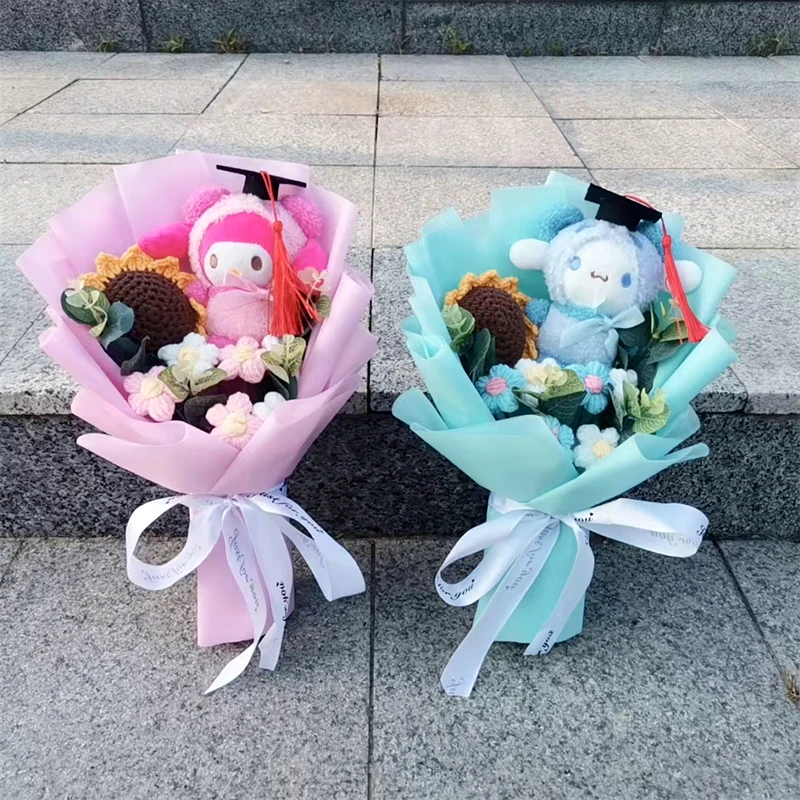 Buquê de formatura kuromi olá kitty cinnamoroll minha melodia boneca de pelúcia brinquedo com girassol de lã presentes de natal do dia dos namorados