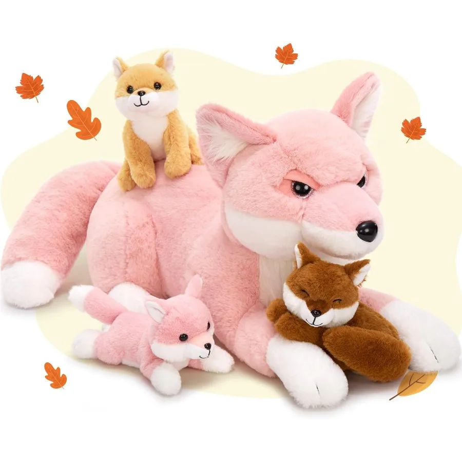 

4Pcs Fox Stuffed Animal Set Large Pink Fox Plush 22 Inch with 3 Baby Foxes in Zippered Tummy Soft Plush Toy for Girls and