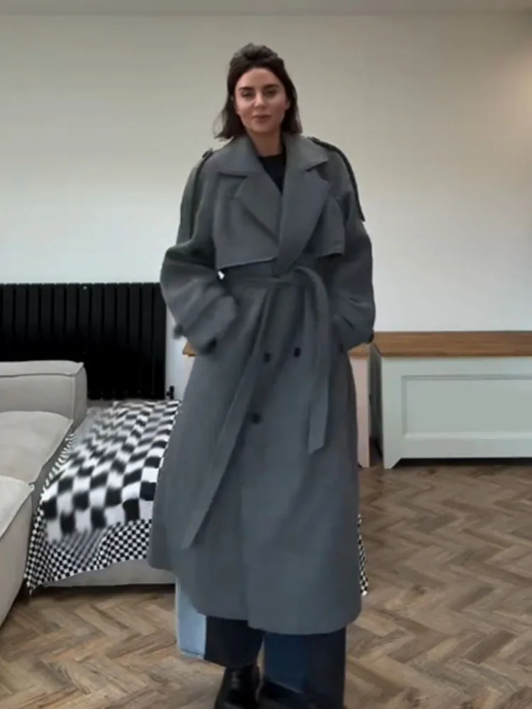 

HH Woman Winter Fashionable Long Sleeves Lapel Double Breasted Belt Decoration Long Coat Female Commuting Casual Warm Loose Coat