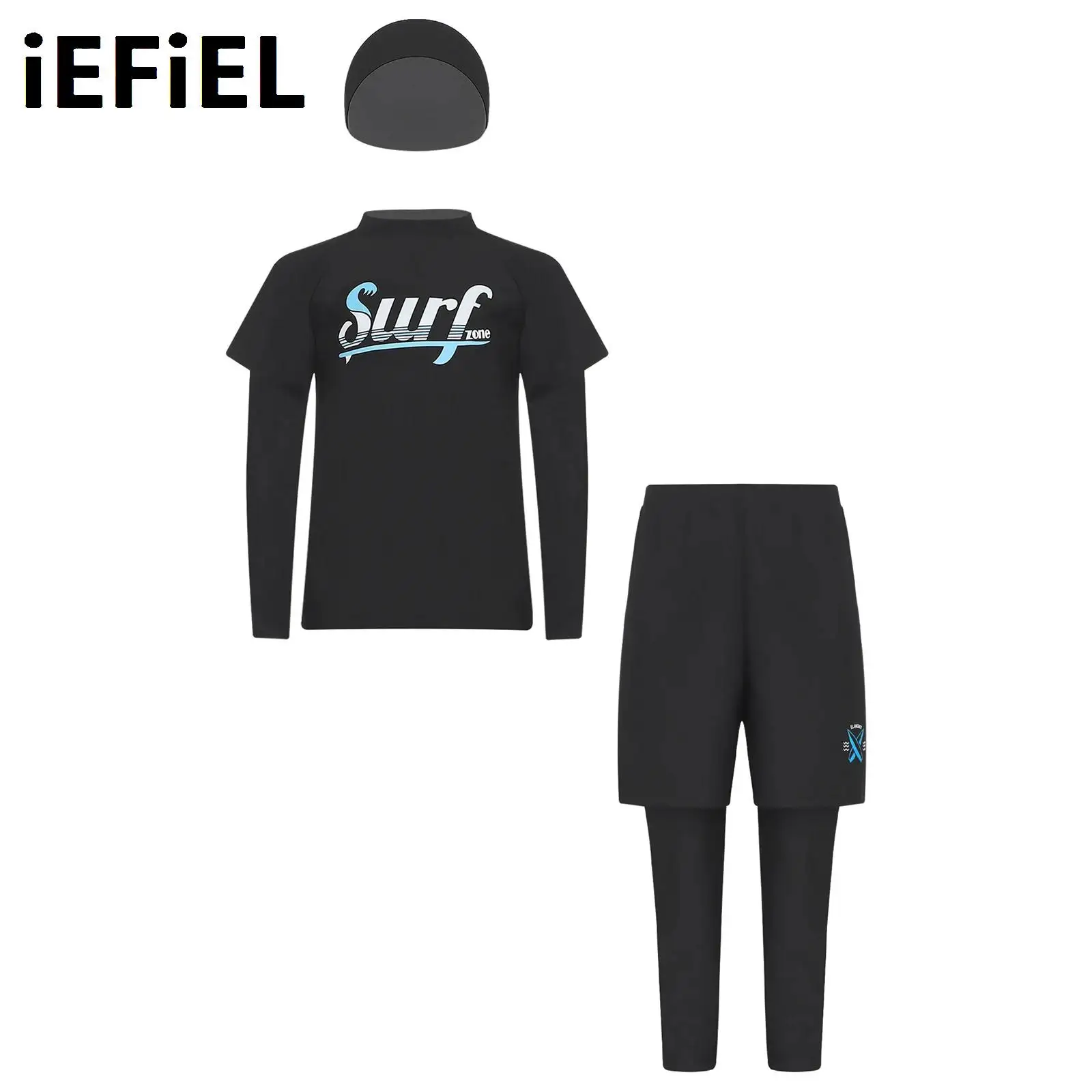 

Print Swimsuit for Kids Boys Teen Long Sleeve Swim Top with Double Swim Pants And Hat Beach Rash Guard Set Surfing Suit