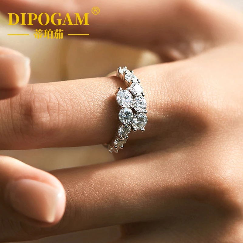 

DIPOGAM 10 Gems Full Moissanite Rings for Women Sparkling Flawless Lab Created Diamond Wedding Band S925 Sterling Silver Jewelry
