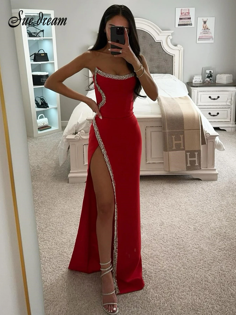 2024 Summer New Women\'s Red Strapless Diamond High Split Bandage Long Dress Bodycon Celebrity Party Cocktail Evening Dress