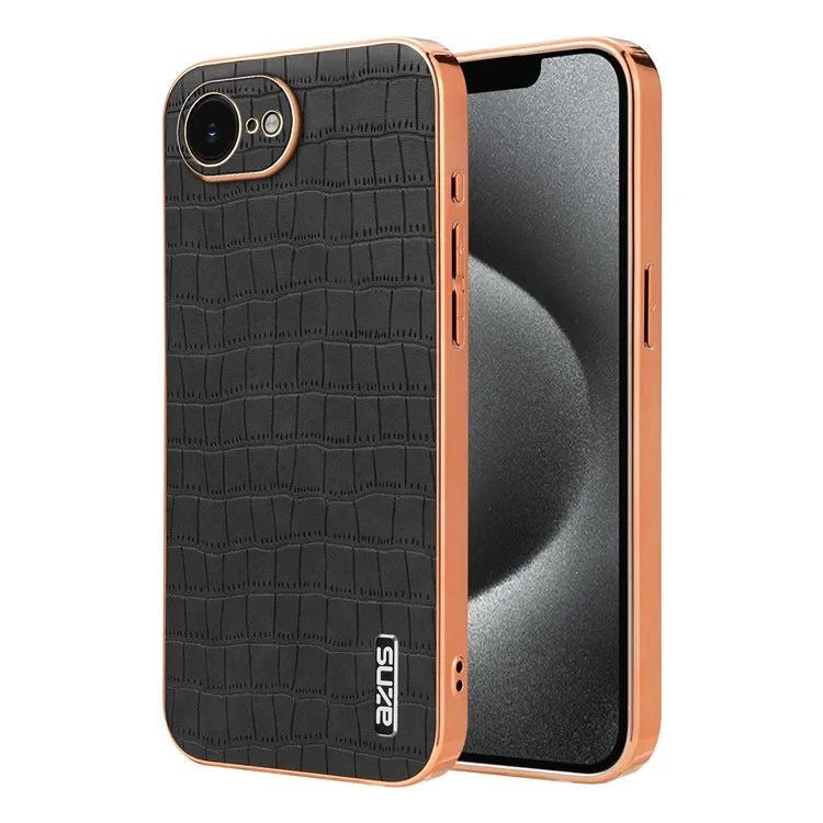 

AZNS For iPhone 16e Case Electroplating Crocodile Texture PU + TPU Phone Cover - Black