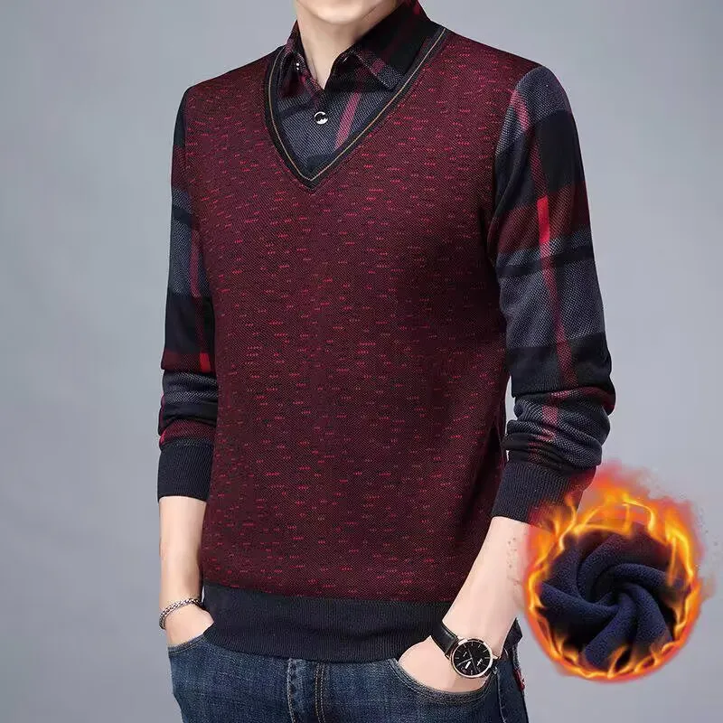 2024 Autumn And Winter Men\'s Wool Shirt Collar Sweater Fashion Grid Solid Warm Sweater Plus Velvet Thick Sweater M-3XL