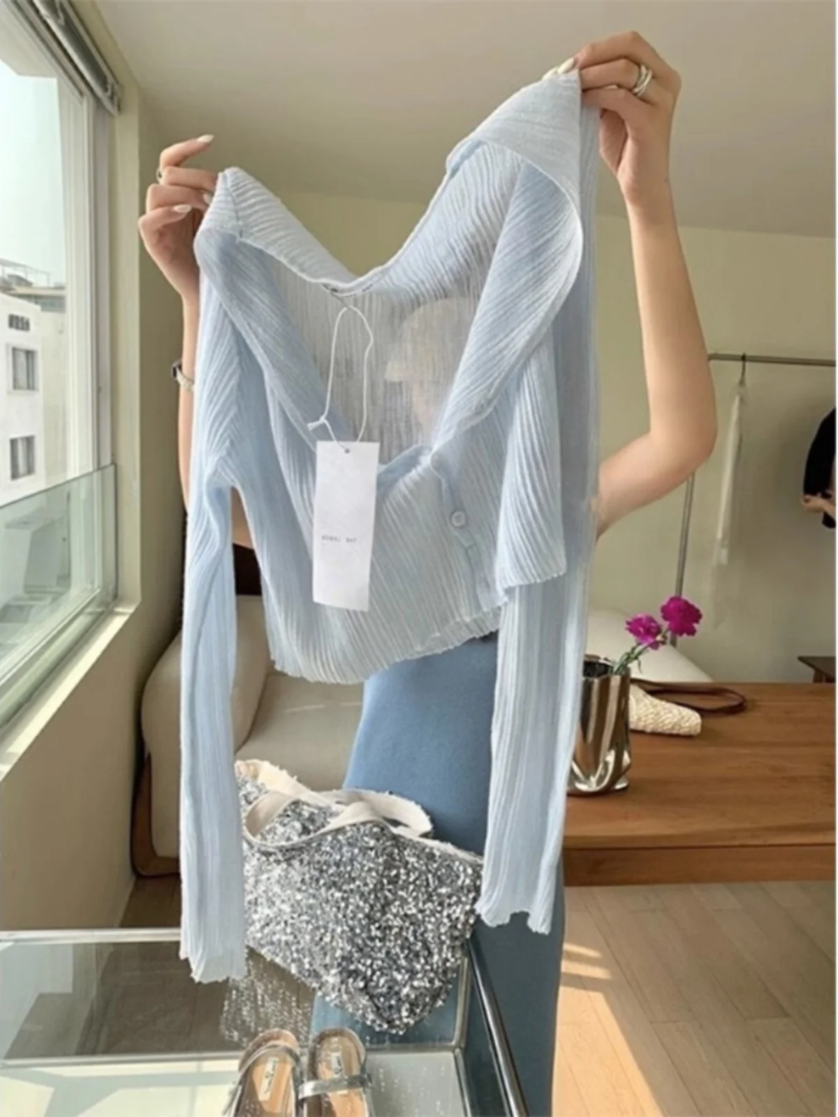 

Light Blue Summer Ice Silk Knitted Cardigan Women's Outerwear Air Conditioning Cover up oulder awl Top Thin Long Sve V...