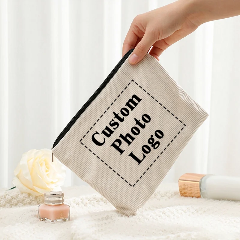 Personalized Custom Photo Logo Corduroy Makeup Bag Custom Image Text Print Cosmetic Pouch Portable Travel Toiletry Storage Bag
