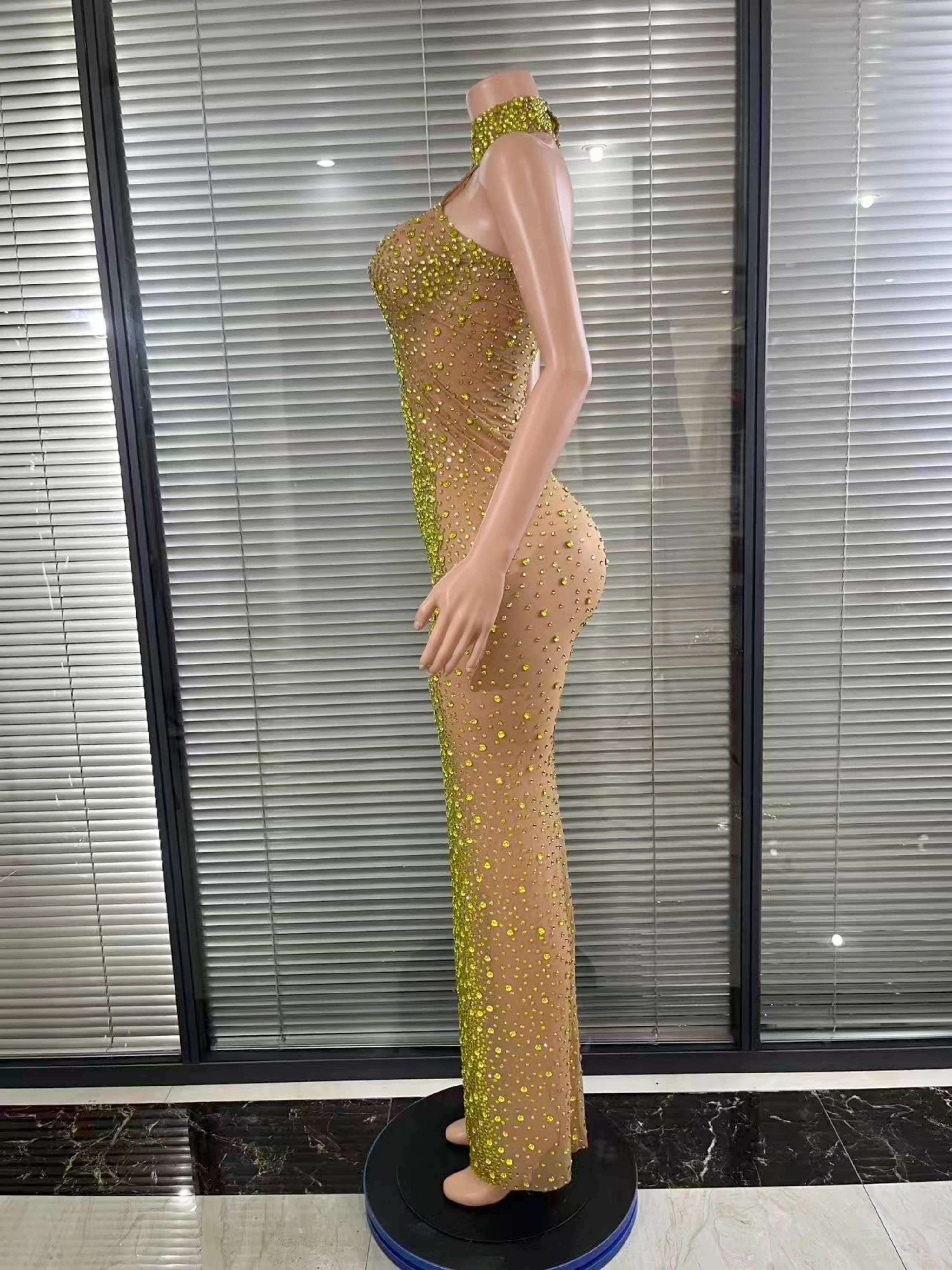 Opulentes, glitzerndes, ärmelloses langes Kleid mit Strasssteinen, sexy Mesh, transparent, Feiern, Hochzeit, Abschlussball, Geburtstag, Nachmittagstee-Kleid