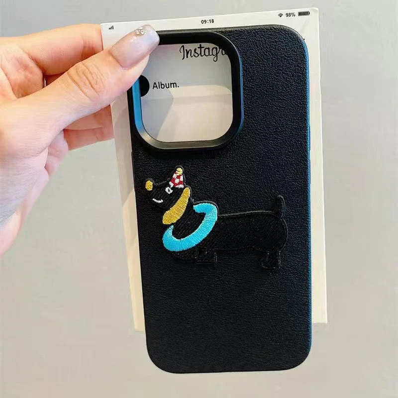 Korean Cartoon 3D Cartoon Embroidery Dog Phone Case For iPhone 16 17 Pro Max 15 14 Plus 13 12 11 Pro 16E 17Air Funny Puppy Cover