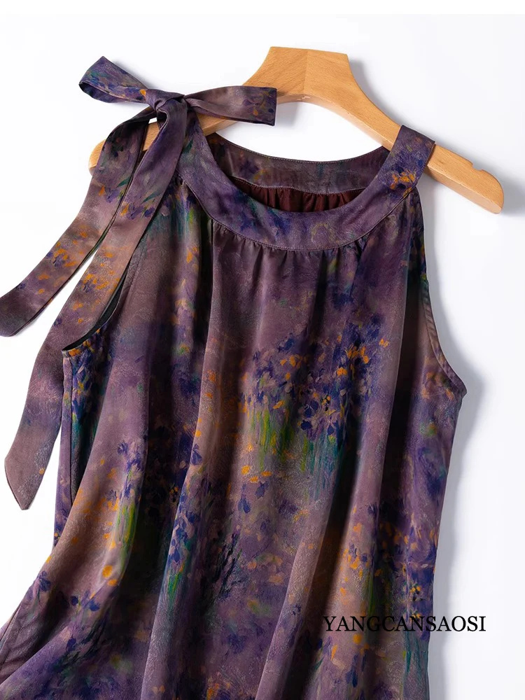 2025 Women's Summer New 100% Natural Mulberry Silk Gambiered Guangdong Gauze Print Loose Casual Split Tank Top Dress