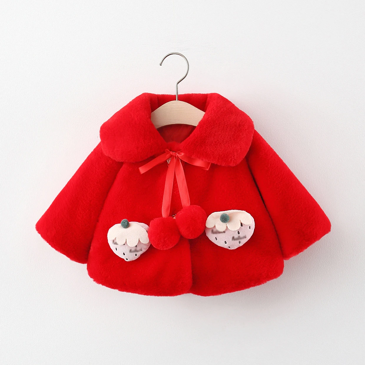 Winter Toddler Girl Clothes Cute Strawberry Doll Collar Warm Thick Faux Fur Baby Outerwear Children\'s Jackets Clothings BC1222-1