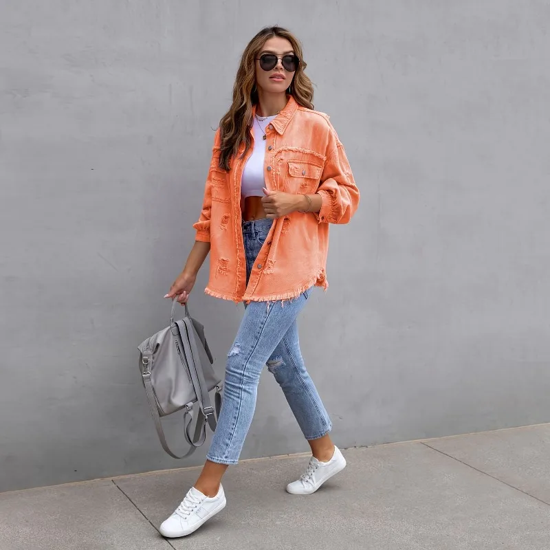 

Women's Autumn Spring Top Coat Denim Ripped Solid Color Simple Comfortable Casual Design Fashion New Soft Niche Versatile Skinny