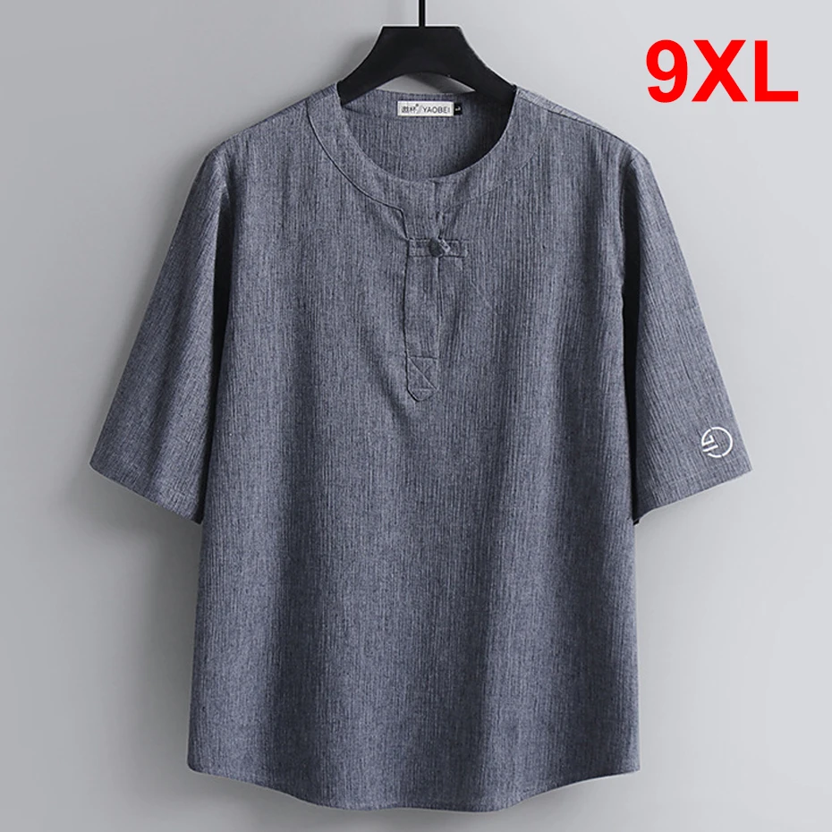 Linen T-shirt Men Summer Short Sleeve Tshirts Plus Size 9XL Chinese Traditional Style Solid Color Tops Tees Male Big Size