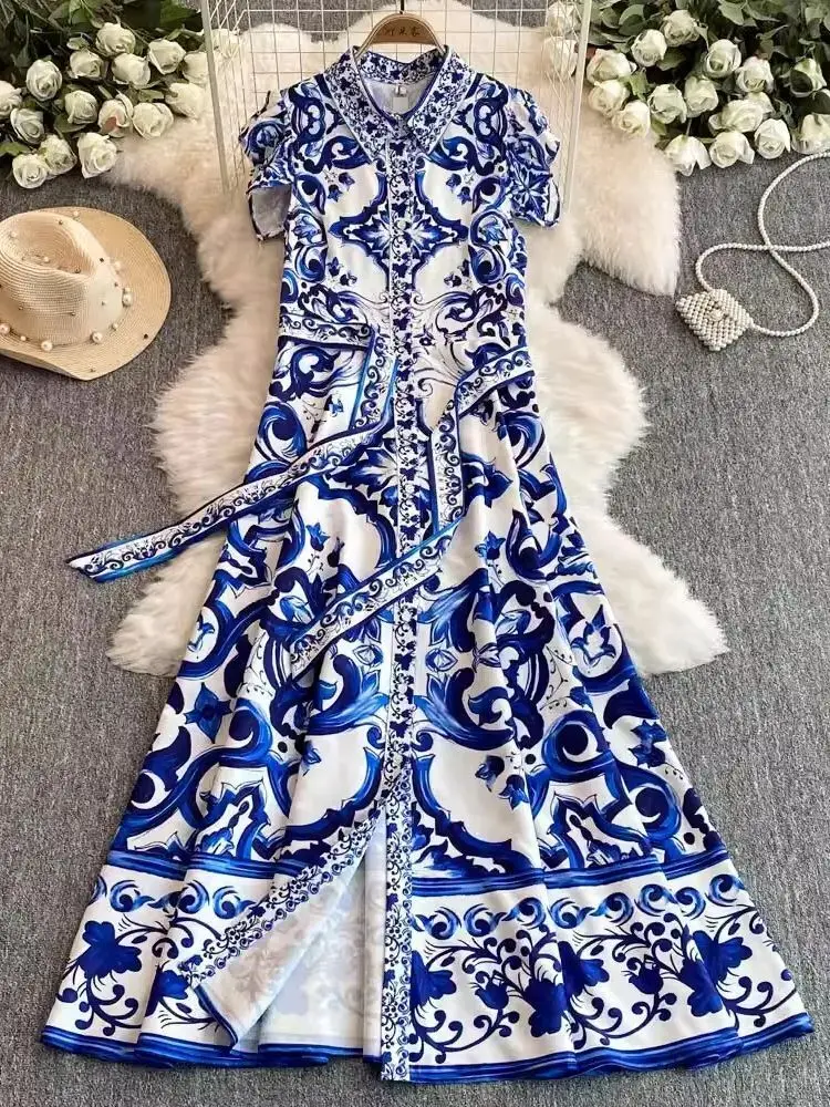 2025 Summer Blue White Porcelain Print Long Dress Shirt Women Single Breasted Flying Sleeve Elegant Floral Party Maxi Vestidos