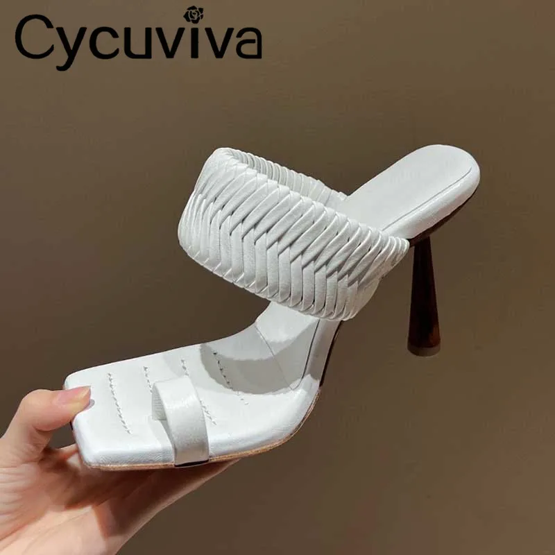 

Sexy Flip Flops High Heels Slippers Ladies Summer White Leather Braid Women Sandals Square Toe Black Party Shoes Woman 2022