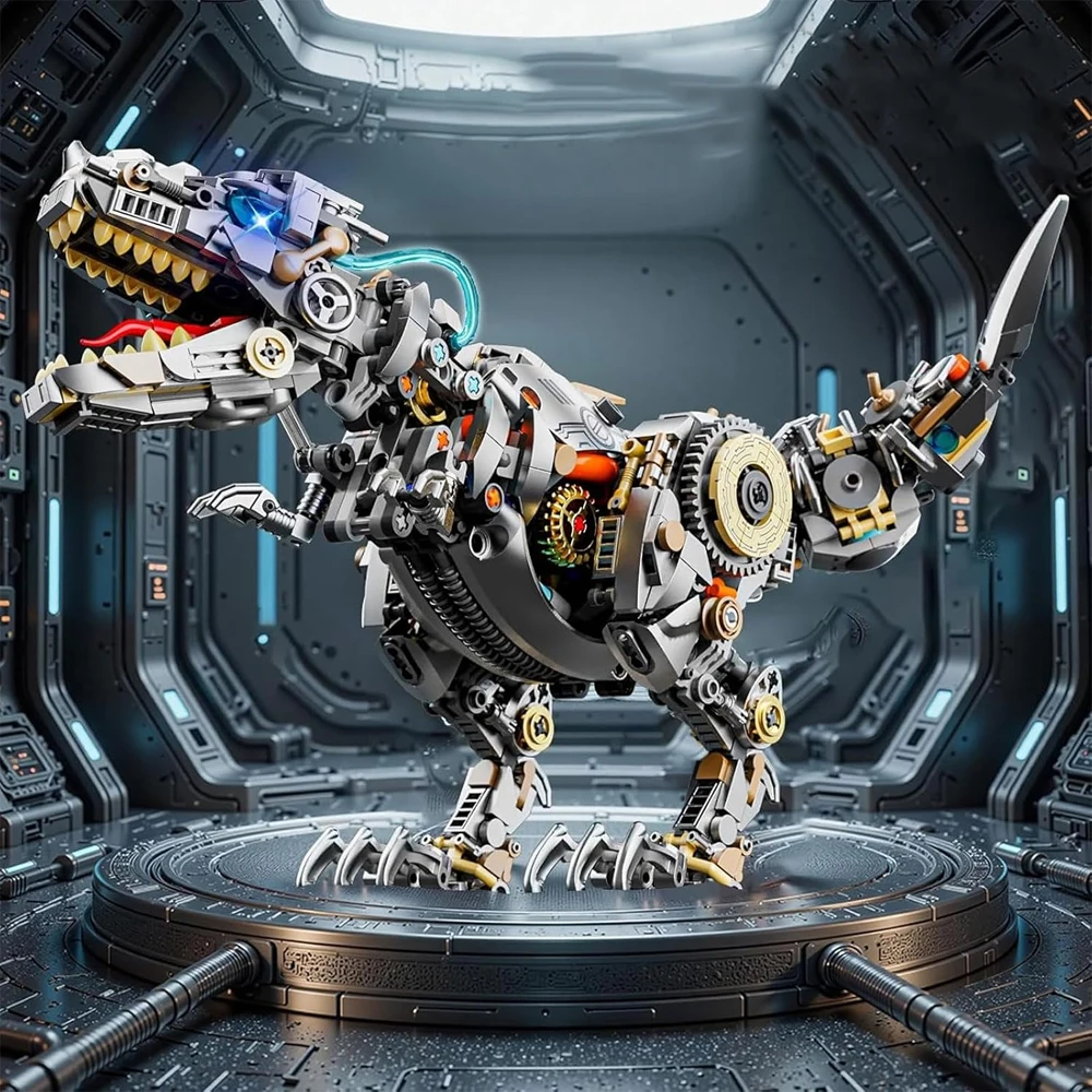 Dinosaurier-Modellbausatz, 1268 Bausteine – Film-inspiriertes Design mit beweglichem Kiefer und Lichtern – Farbige Anleitung – Geschenkbox für Geburtstag und Weihnachten
