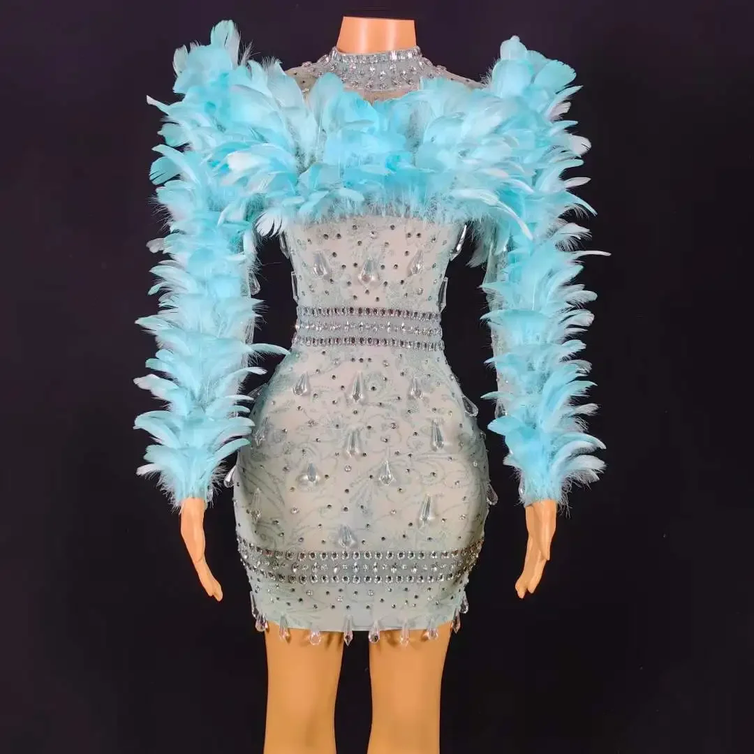 

Rhinestone Feather Dress Women Crystals Long Sleeve Singer Stage Performance Wear Drag Queen Costumes Birthday Party Outfit