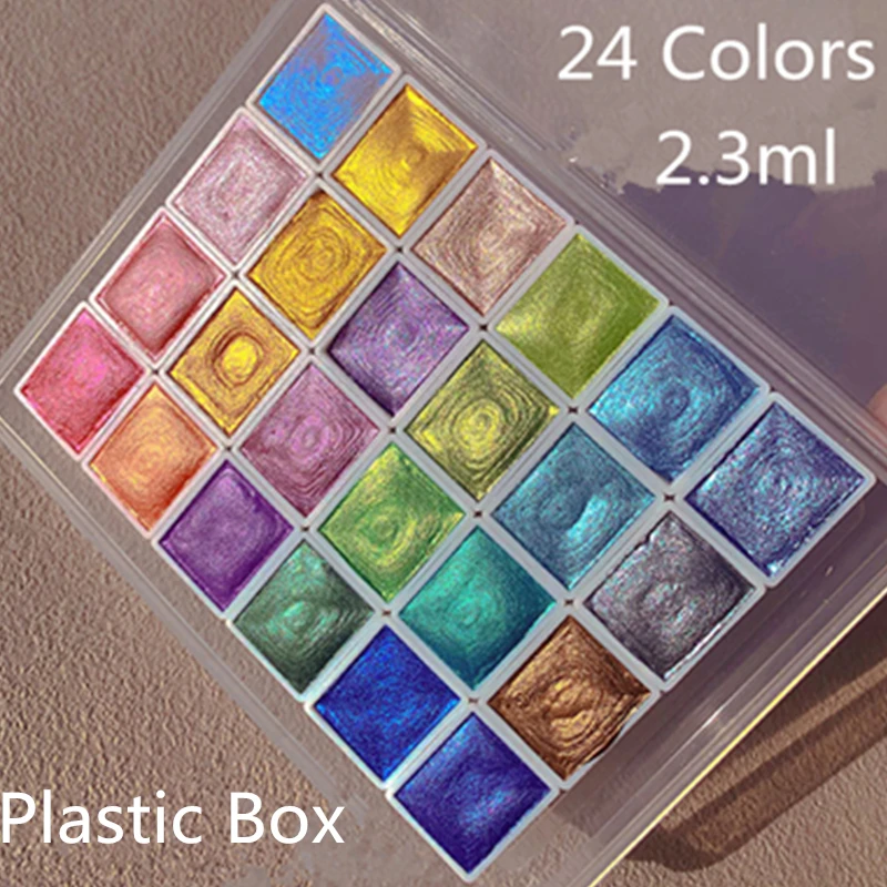 Flash Golden 24 Colors Soild Watercolor Preadolescent Glitter Paints Set Tin Box Pigment Solid Paint Set Palette for Students