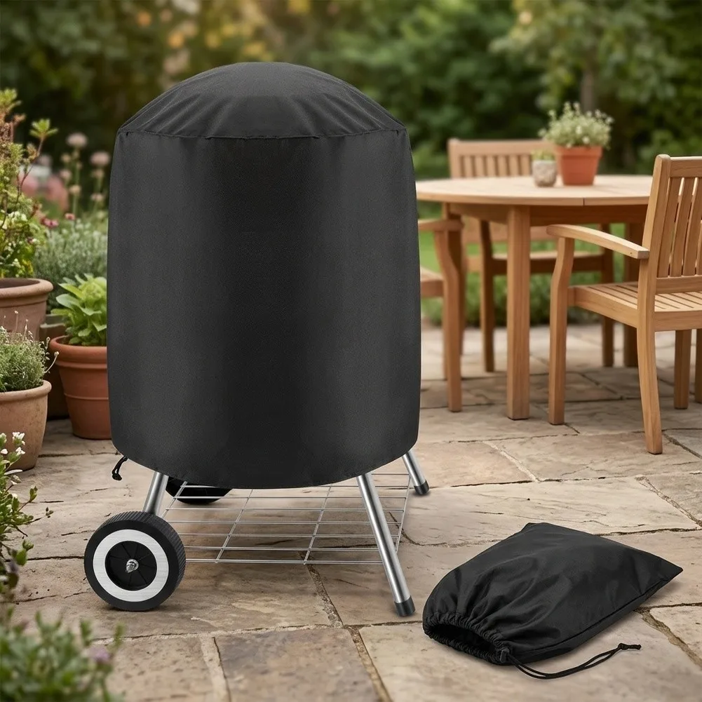 Waterproof Round Grill Cover 210D Oxford Dustproof UV=Resistant Outdoor BBQ Lid With Drawstring For Garden Fire Pit= Table