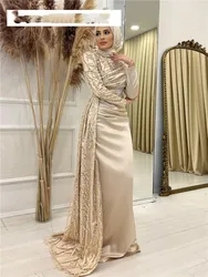 Champagne Long Sleeve Hijab Muslim Evening Dresses High Neck Islamic Formal Party Gowns Beaded Arabic Kafan Robes De Soirée