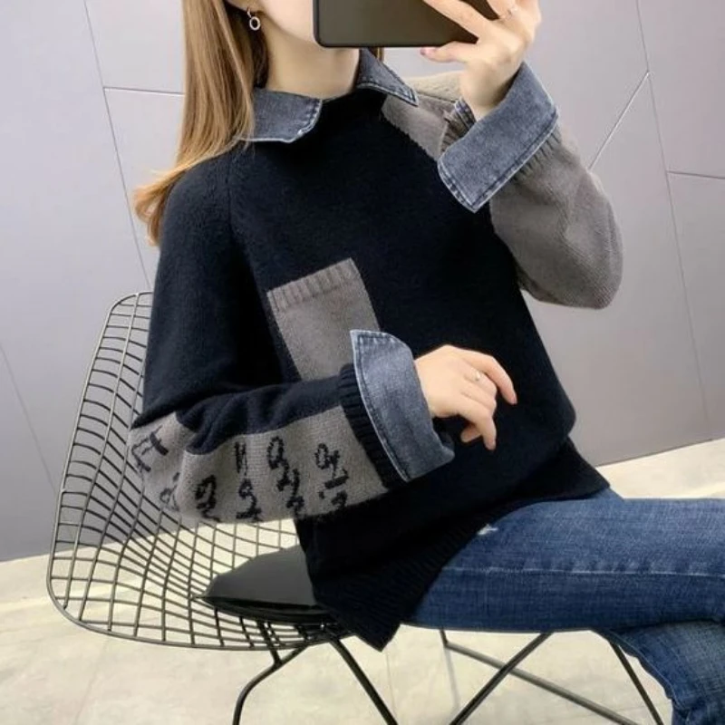 Autumn Winter New Turn-down Collar Long Sleeve Fashion Sweater Women High Street Cowboy Patchwork Button Jacquard Weave Pullover