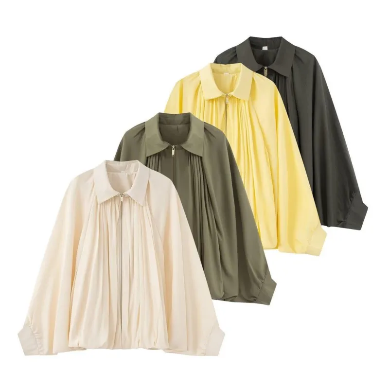 

Новинка весны 2026, женская свободная однотонная рубашка-рубашка с рукавами «летучая мышь», пышная однотонная куртка-рубашка с рюшами, модная универсальная верхняя одежда с отложным воротником