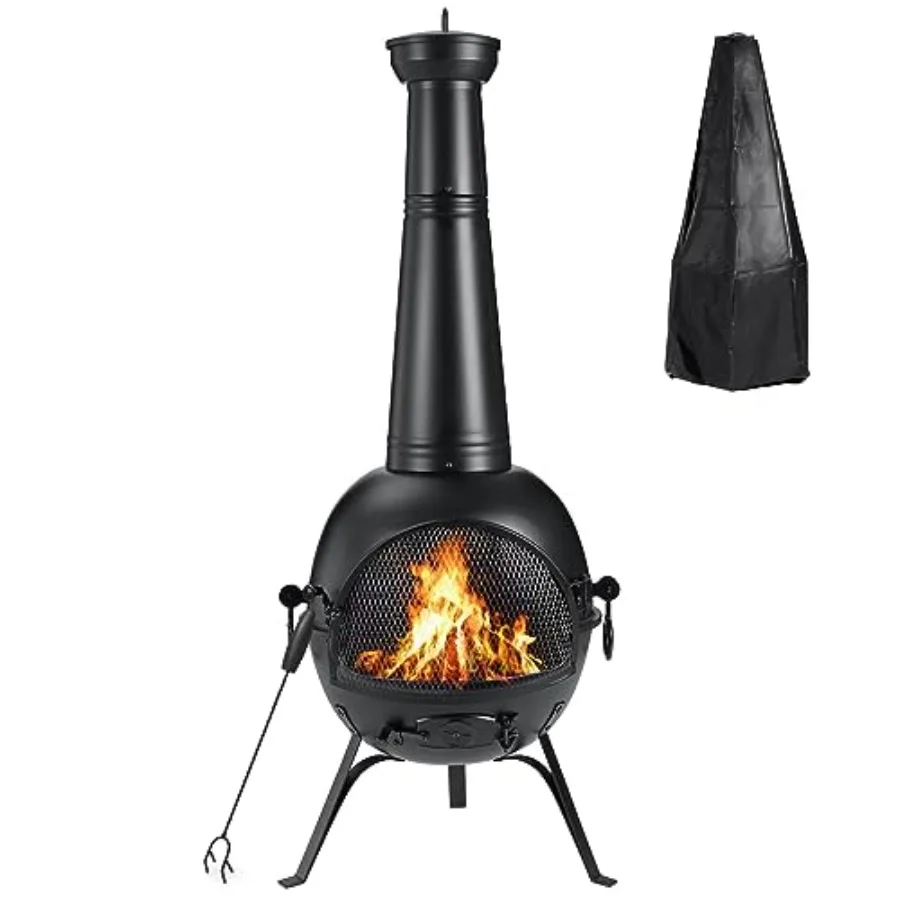 Outdoor chiminea fireplace for deck, patio, or backyard use; rust-free iron; black color; includes protective cover and efficie