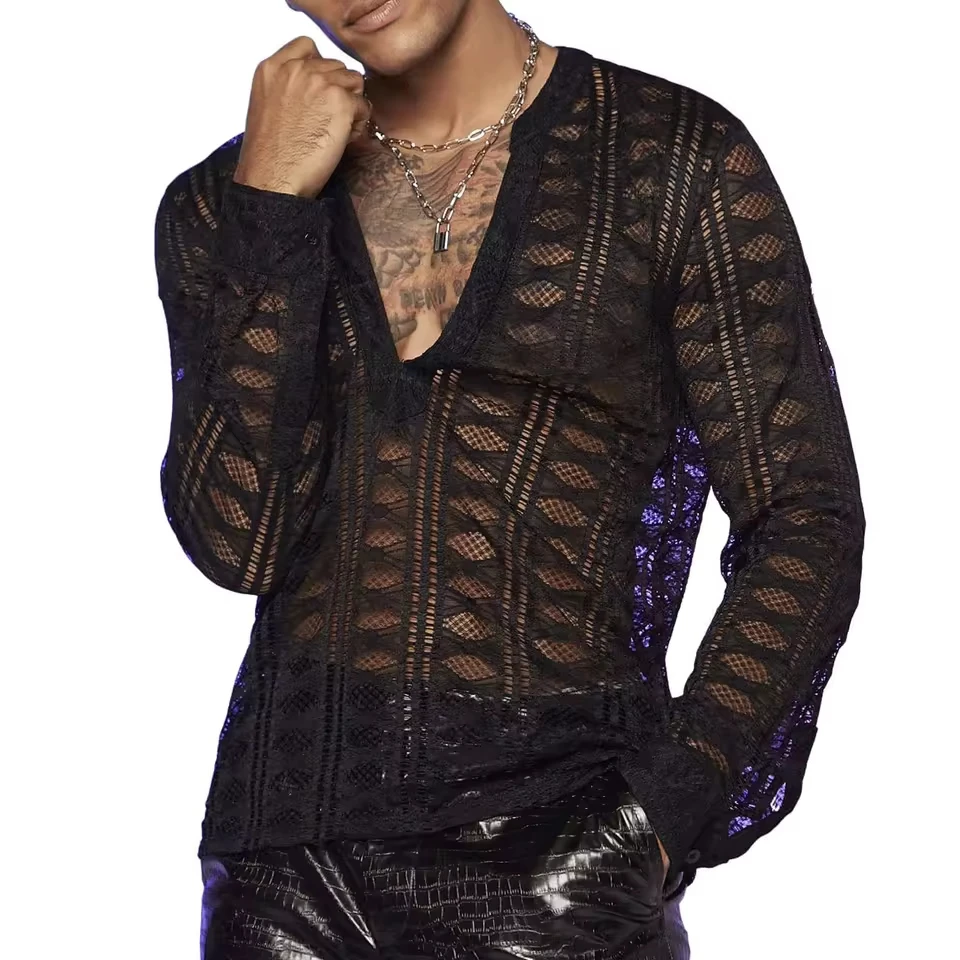 Autumn New Men's V-Neck Lace Long Sleeve T-Shirt Perspective Grid Elastic Shirt Bottom Shirt