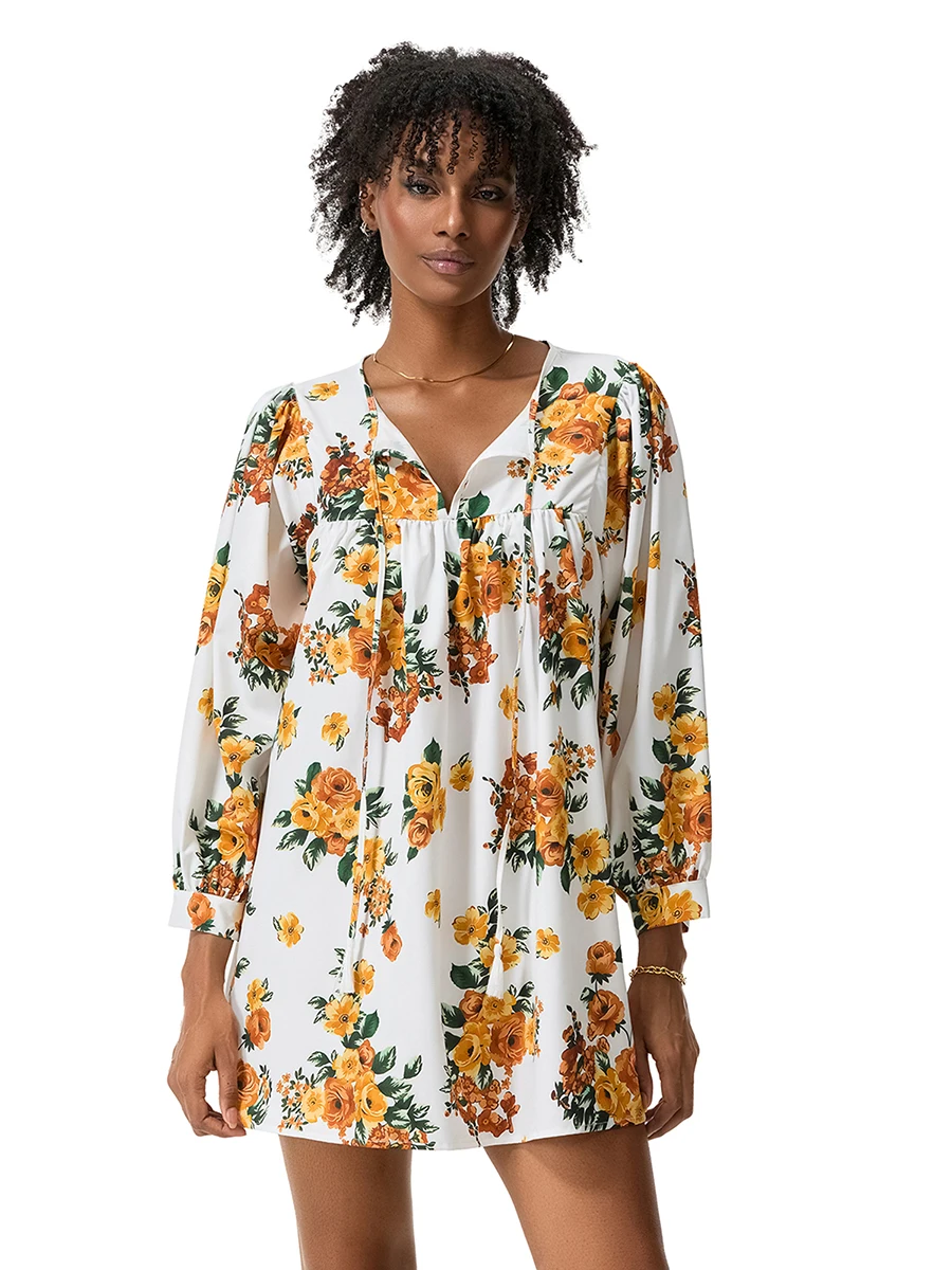 Mini robe à manches 3/4 pour femmes, tenue d'été décontractée à pois et imprimé floral