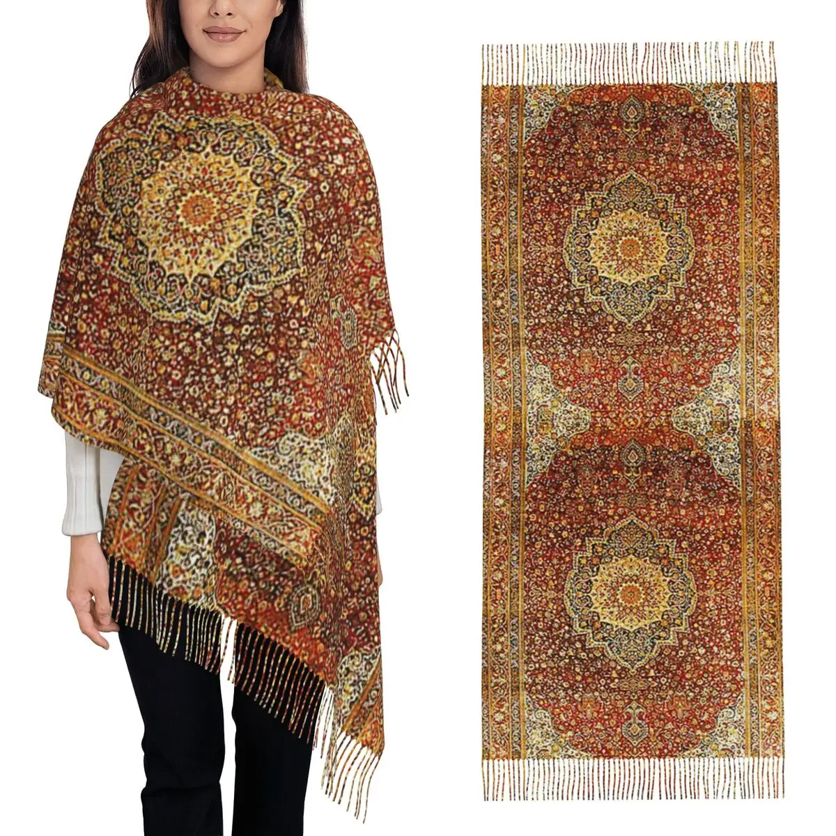 Khorasan Antique Persian Carpet Print Scarf Tassel Scarves for Women Soft Warm Shawls and Wraps Large Fall Winter Shawl Wrap