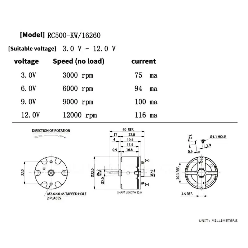 Standard Motor RC500-KW/16260 DC 6V 9V 12V Mini 32mm Diameter Round Spindle Motor Long Shaft For Sweeper Robot Fragrance Machine
