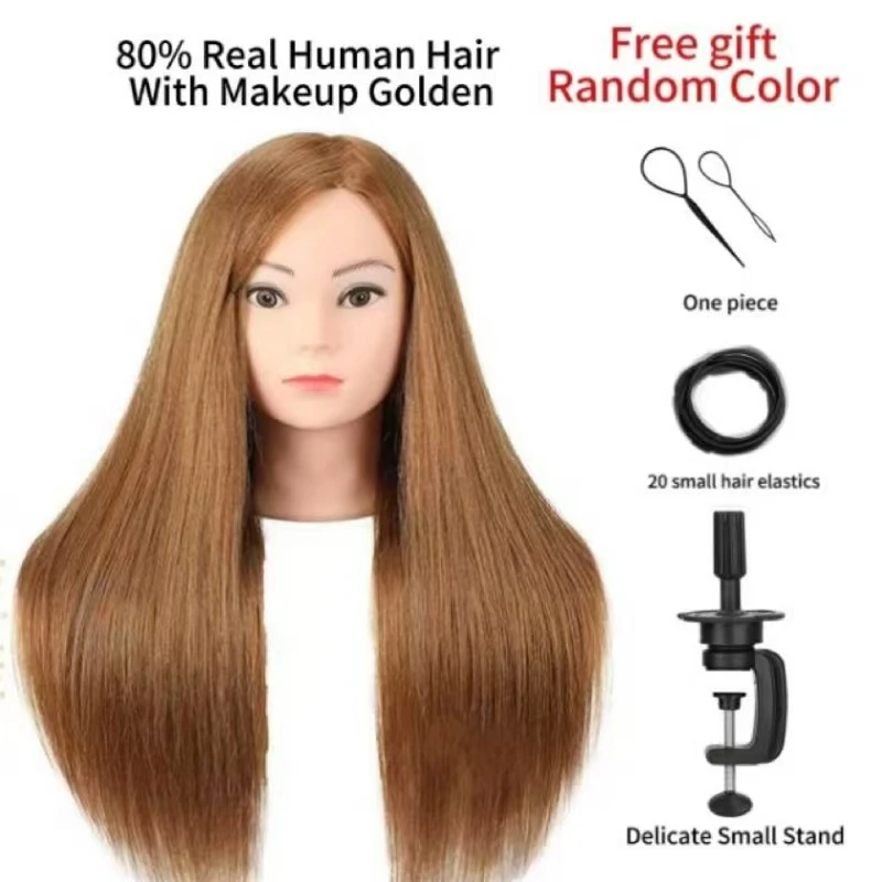 80%Real Hair Doll Head For Hairstyle Professional Training Head Kit Mannequin Head Styling To Practice Hot Curl Iron Straighten