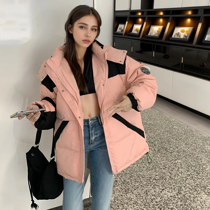 

Fahion 2025 Winter Women's Outerwears Female Contrast Hooded Casual Bread Jacket Women's Thicken Warm Cotton Jacket Parkas