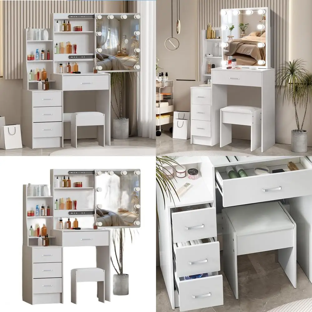 

Туалетный столик с подсветкой, выдвижным зеркалом, ящиками и стулом для женской спальни, белый
