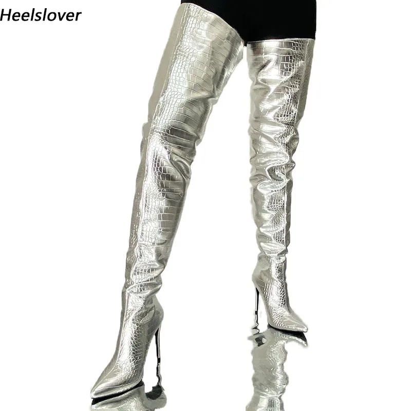 Women Hot Thigh Boots Back Zipper Winter Boots Stiletto Heels Pointed Toe Beautiful Silver Party Shoes Ladies US Size 5-15