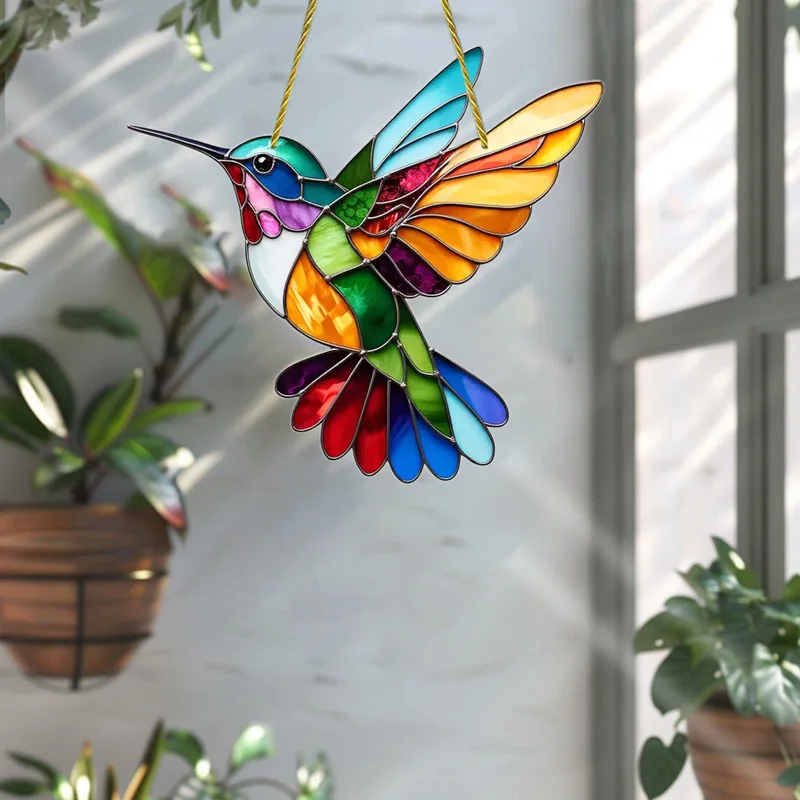 Colorful Hummingbird Sun Catcher Acrylic Rainbow Bird Wind Chimes Crafts Hanging Decor for All Seasons Home Garden Decoration